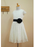 Cap Sleeves Ivory Lace Flower Girl Dress With Black Flower Sash